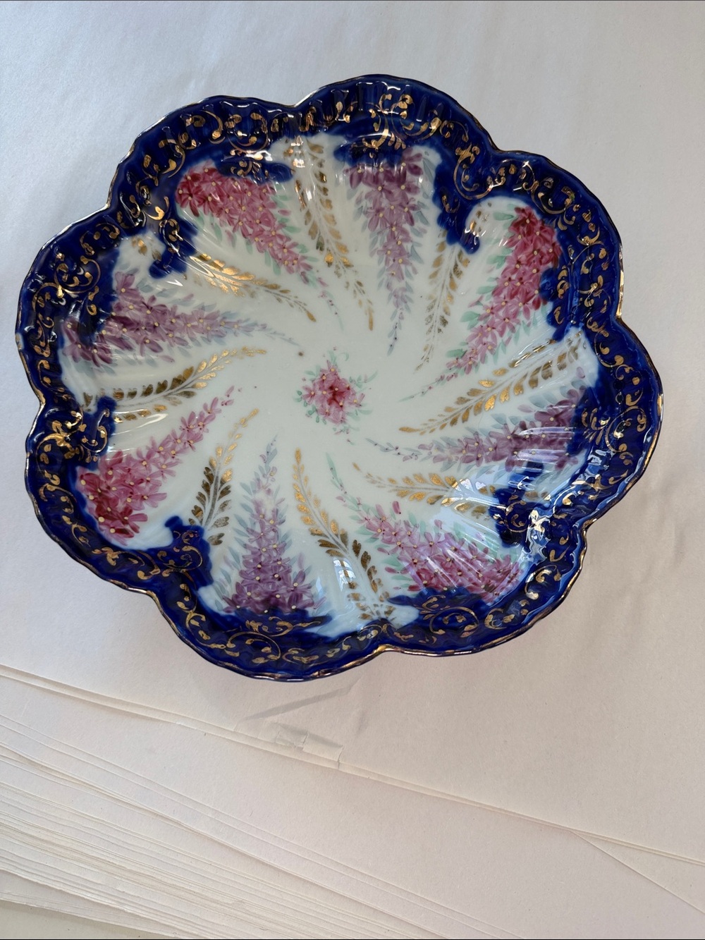 Antique Noritake Nippon Wisteria Cobalt Blue Gold Hand Painted Scalloped Dish